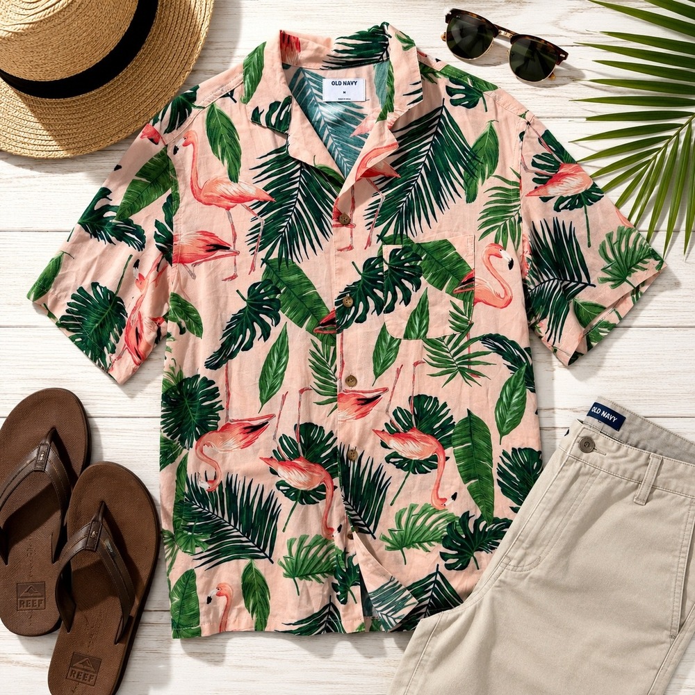 Old Navy men's medium flamingo palm print tropical Hawaiian camp Button shirt